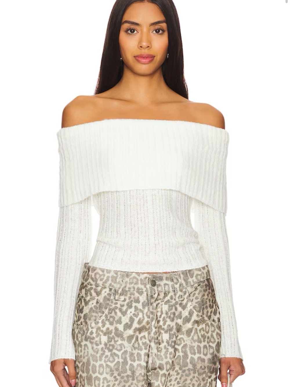 Off-Shoulder Cream Ribbed Knit Sweater